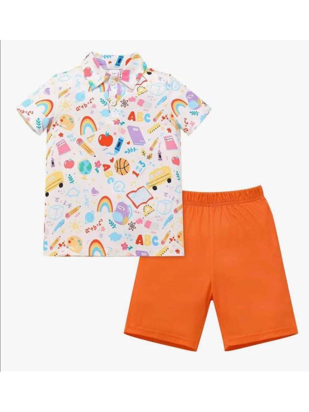Boys Outfit -School Items Printed on Short Sleeve T-shirt - Tops and Shorts Set